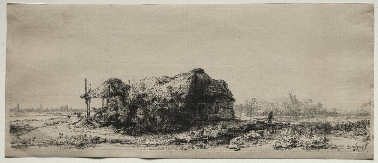Landskap med stuga och hölada: Avlångt, 1641. av Rembrandt van Rijn