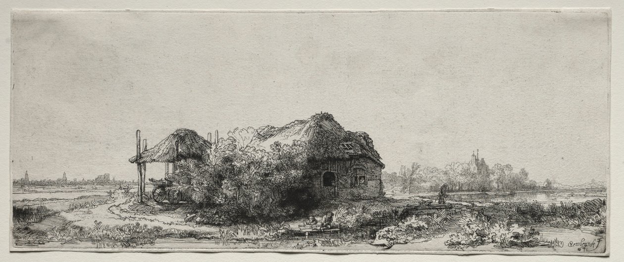 Landskap med stuga och hölada: Avlångt, 1641. av Rembrandt van Rijn