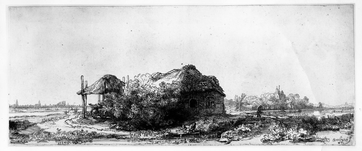 Landskap med en stuga och Haybarn, etsat av James Bretherton av Rembrandt van Rijn