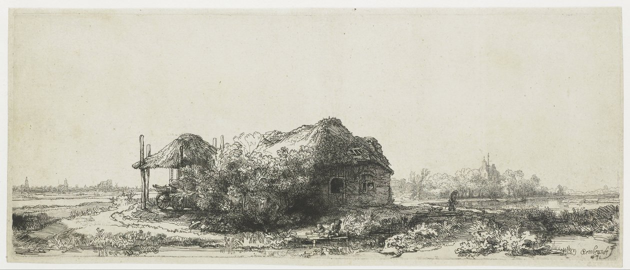 Landskap med en stuga och en hölada Landskap med stugor och slåtterlada: avlång av Rembrandt van Rijn