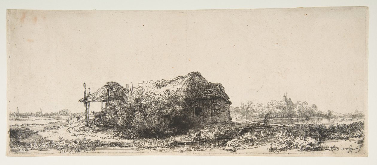 Landskap med en stuga och en hölada, 1641. av Rembrandt van Rijn