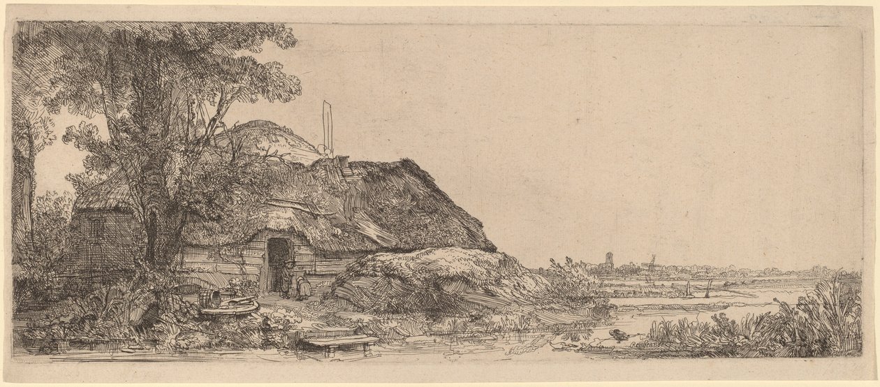 Landskap med en stuga och ett stort träd av Rembrandt van Rijn