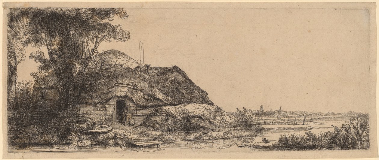 Landskap med en stuga och ett stort träd av Rembrandt van Rijn