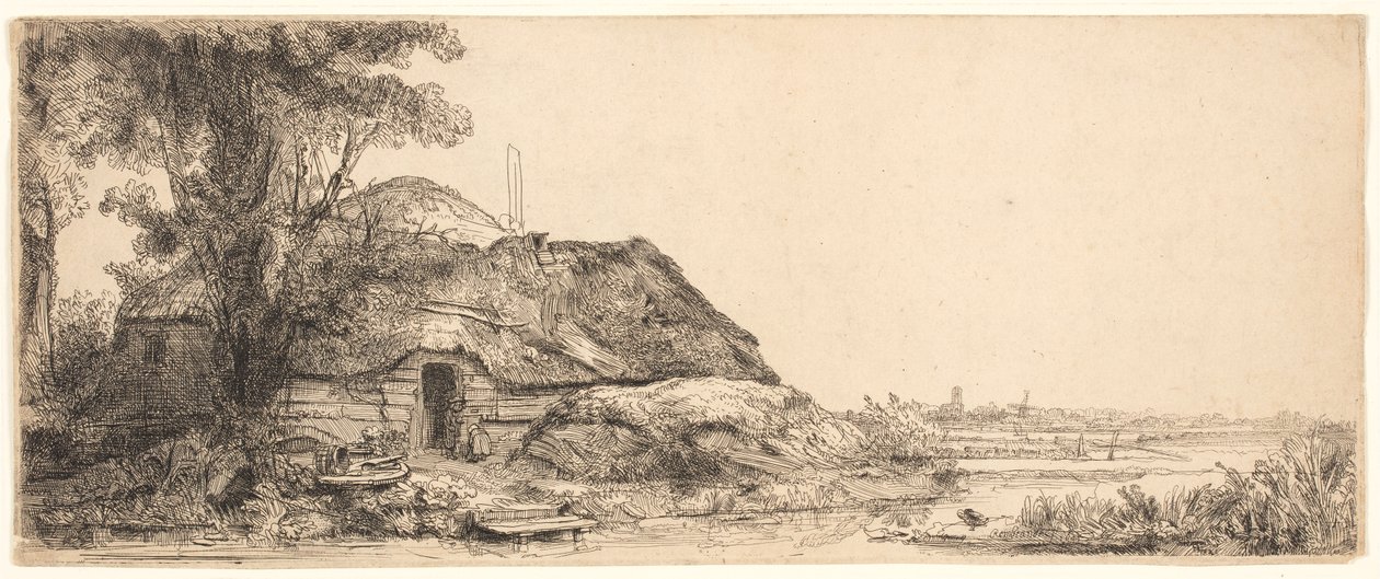Landskap med en stuga och ett stort träd av Rembrandt van Rijn