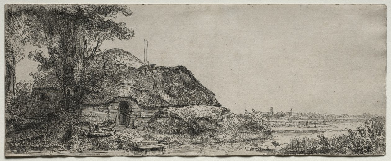 Landskap med en stuga och ett stort träd av Rembrandt van Rijn