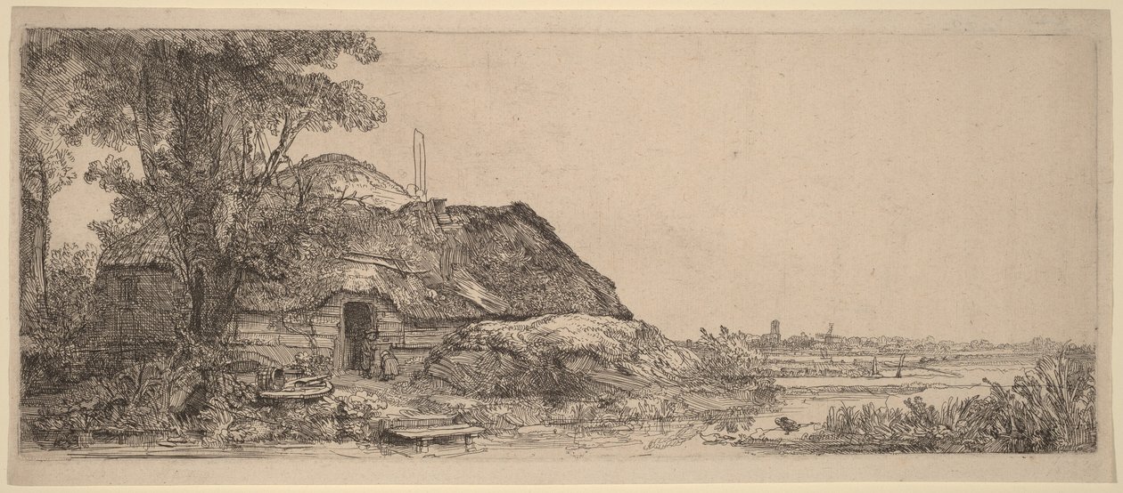 Landskap med en stuga och ett stort träd av Rembrandt van Rijn