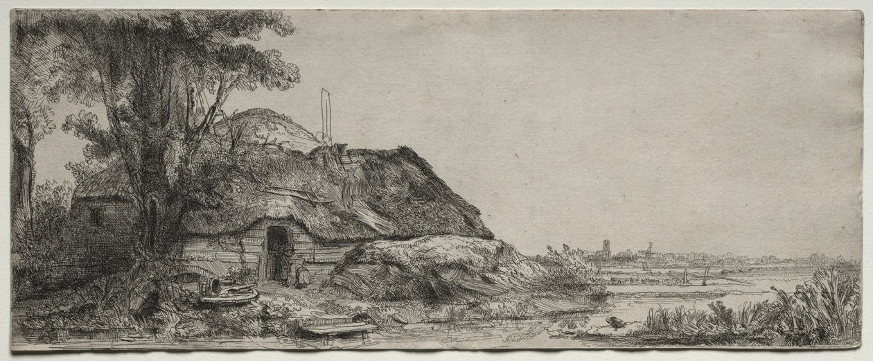 Landskap med en stuga och ett stort träd, 1641. av Rembrandt van Rijn