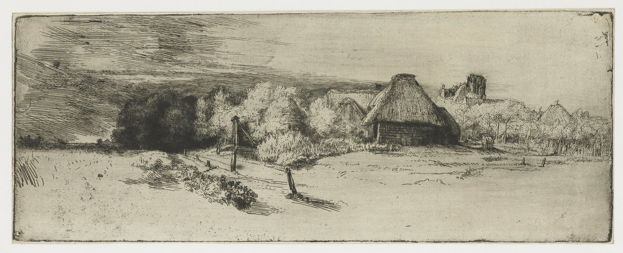 Landskap med en gårdsbyggnad och huset med tornet Landskap med en gårdsbyggnad och "huset med tornet" av Rembrandt van Rijn