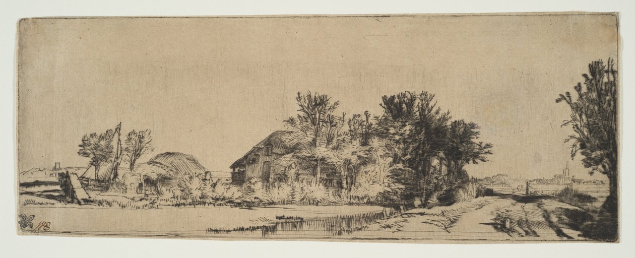 Landskap med en bondgård längs en väg vid en kanal, ca. 1652. av Rembrandt van Rijn