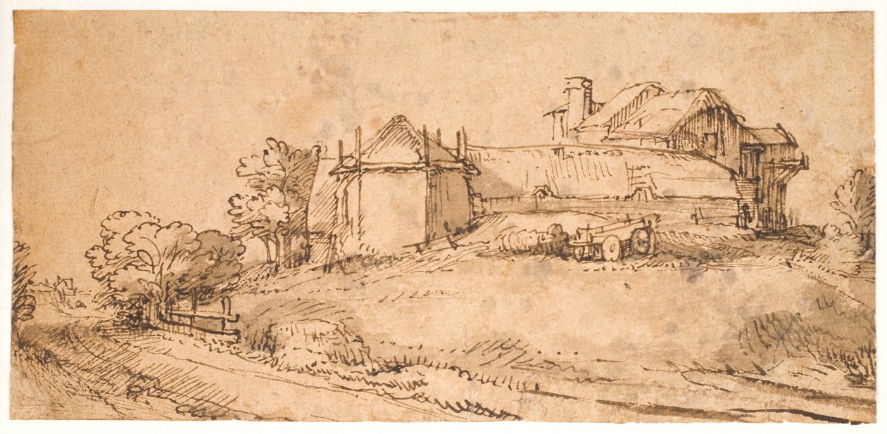 Landskap med en bondgård och en hölada av Rembrandt van Rijn