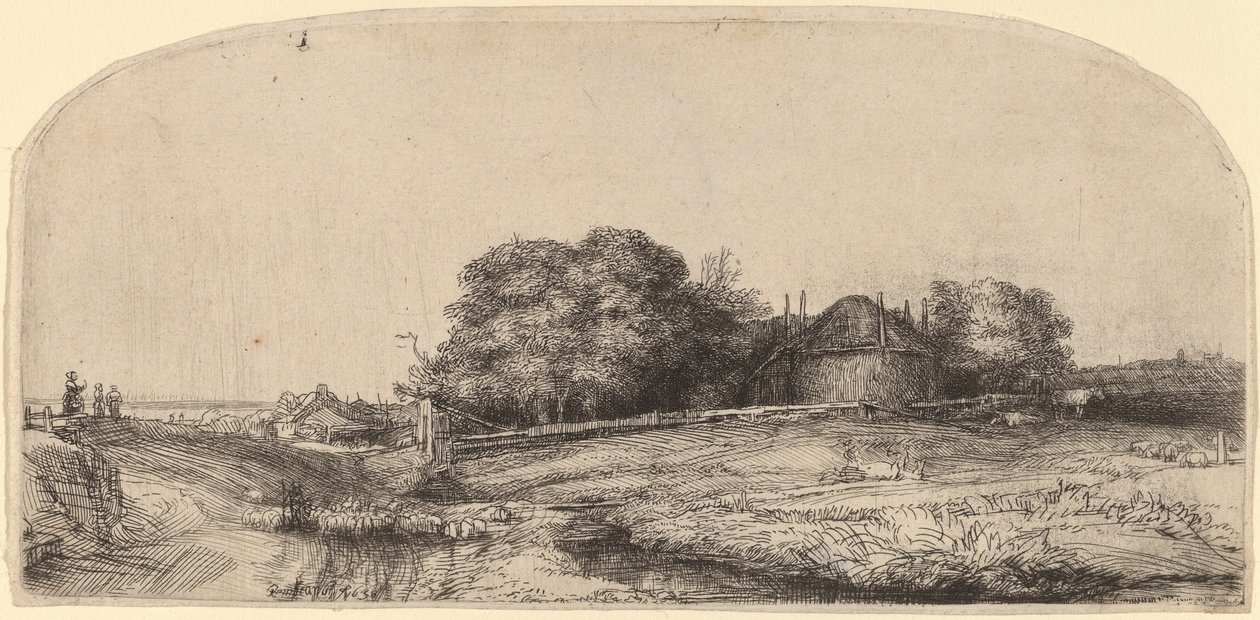 Landskap med en hölada och en fårflock av Rembrandt van Rijn