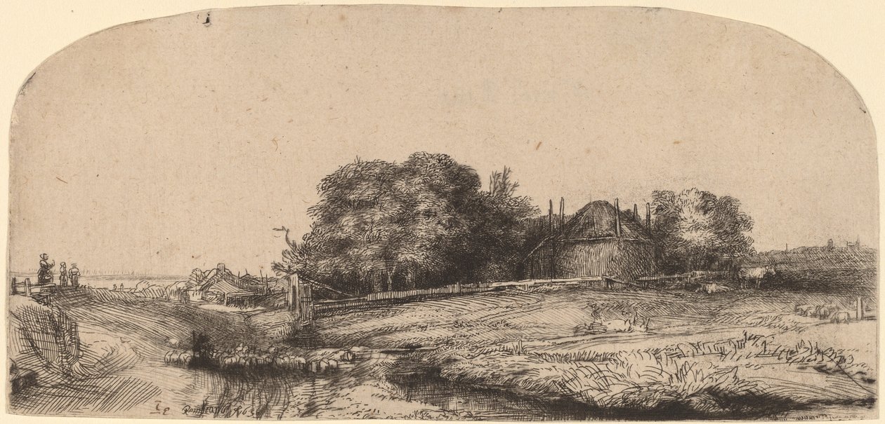 Landskap med en hölada och en fårflock av Rembrandt van Rijn