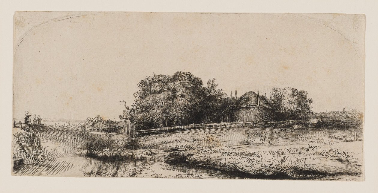 Landskap med en höskulle och en fårflock av Rembrandt van Rijn