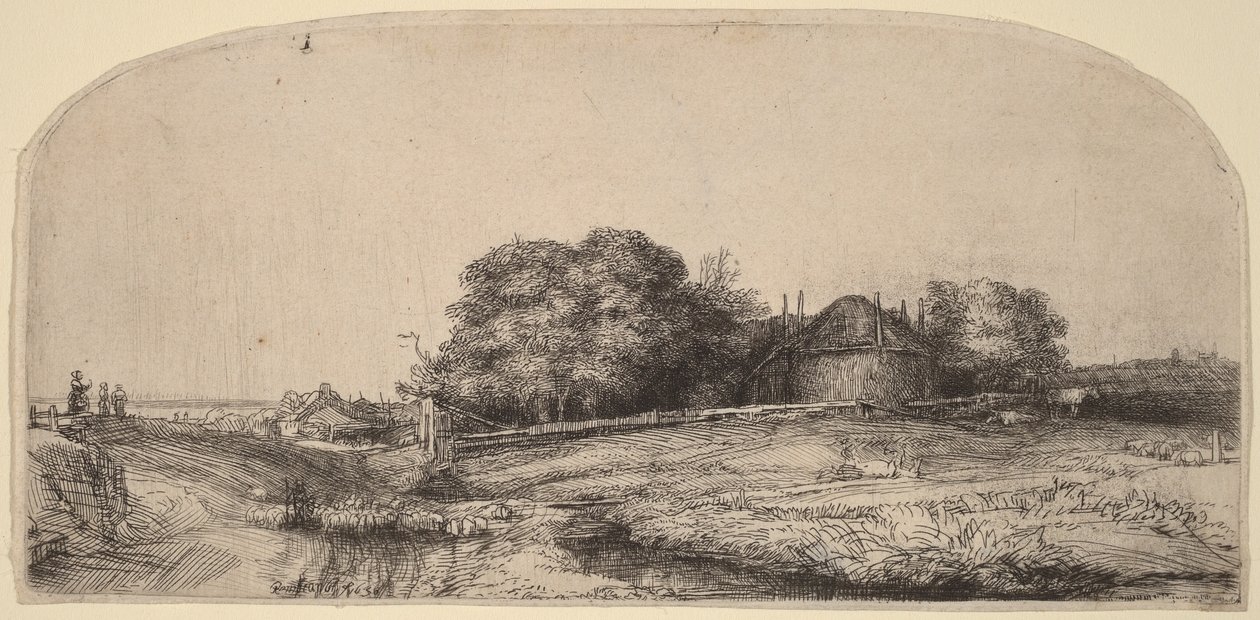 Landskap med en höskulle och en fårflock av Rembrandt van Rijn