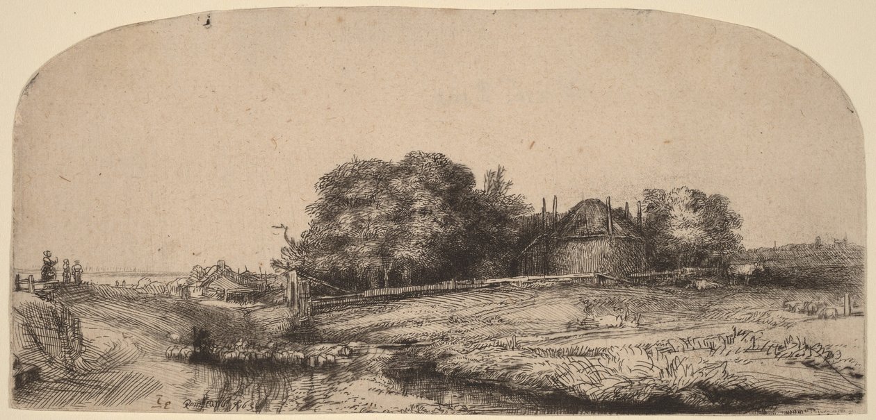 Landskap med en höskulle och en fårflock av Rembrandt van Rijn