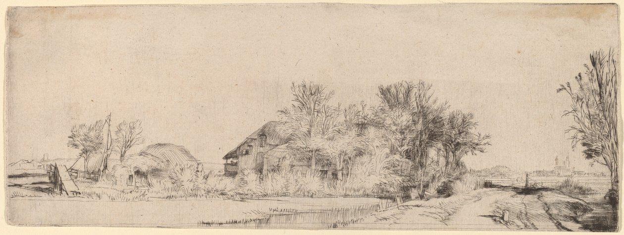 Landskap med en väg bredvid en kanal av Rembrandt van Rijn