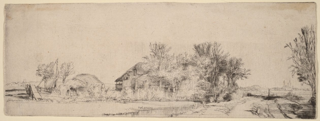 Landskap med en väg längs en kanal av Rembrandt van Rijn
