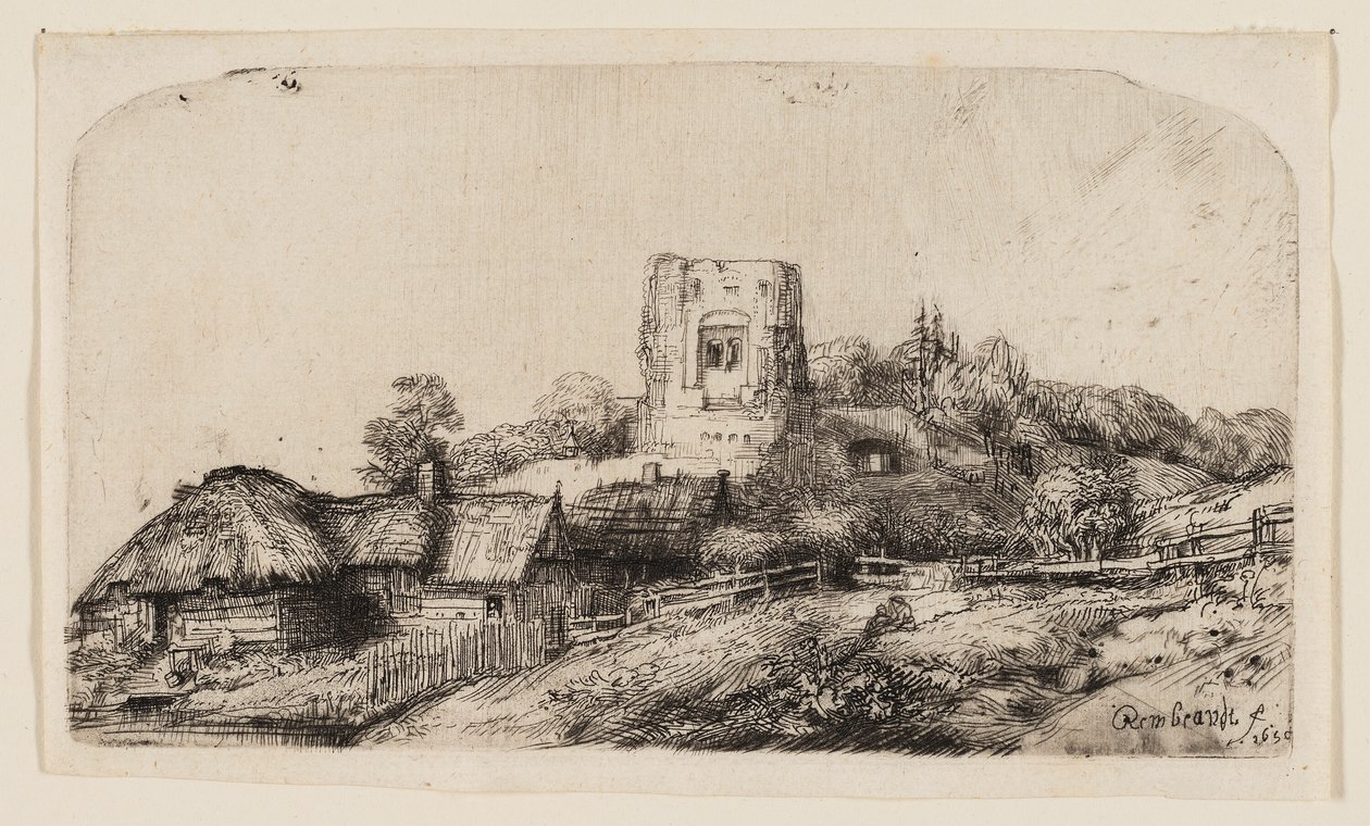 Landskap med ett fyrkantigt torn av Rembrandt van Rijn