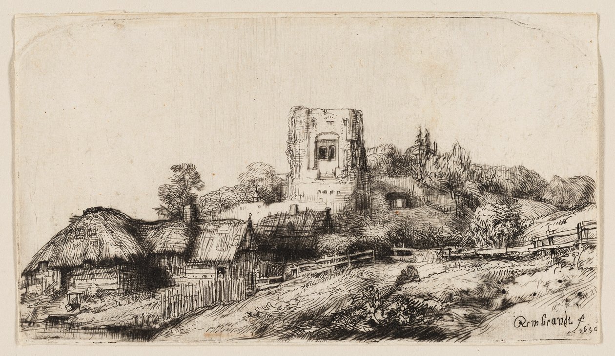 Landskap med ett fyrkantigt torn av Rembrandt van Rijn