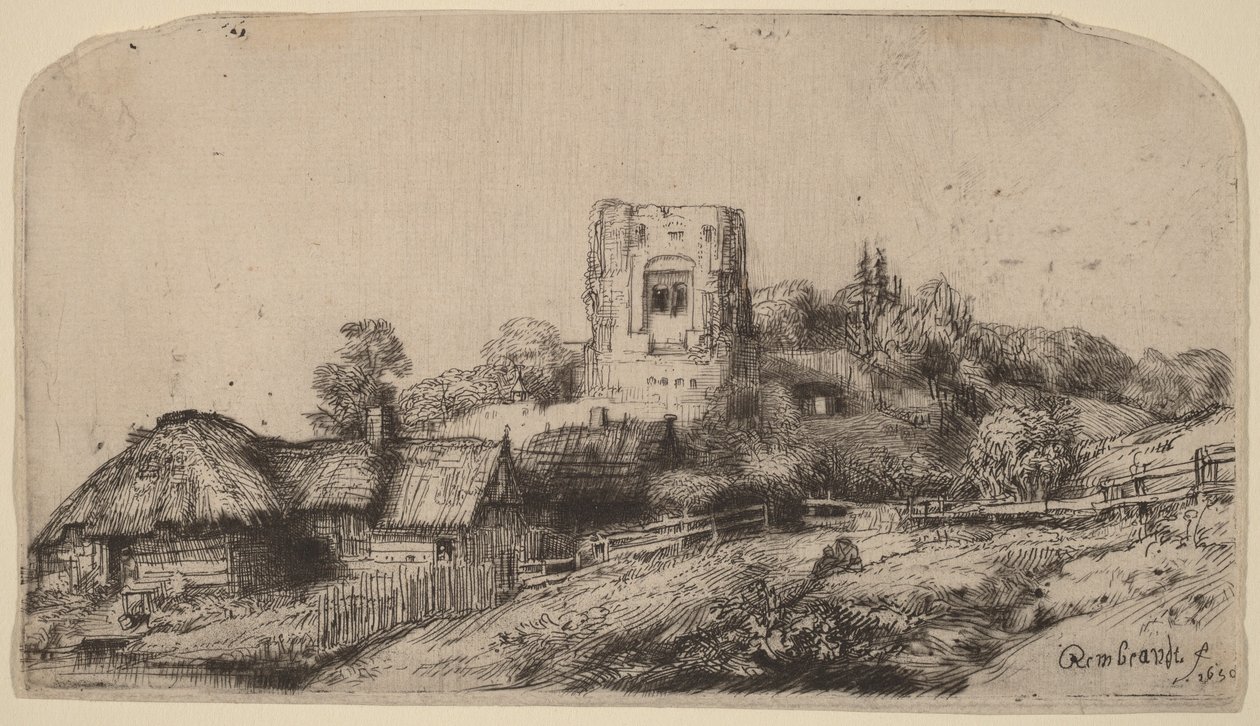 Landskap med ett fyrkantigt torn av Rembrandt van Rijn