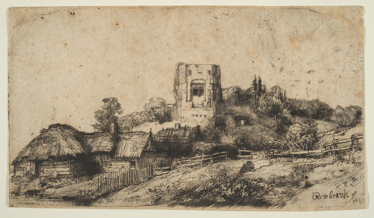 Landskap med ett fyrkantigt torn, 1650. av Rembrandt van Rijn