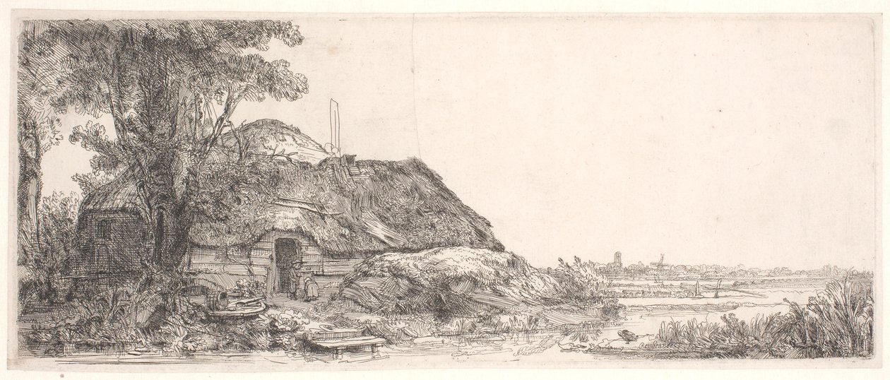 Landskap med en stuga och ett stort träd av Rembrandt van Rijn
