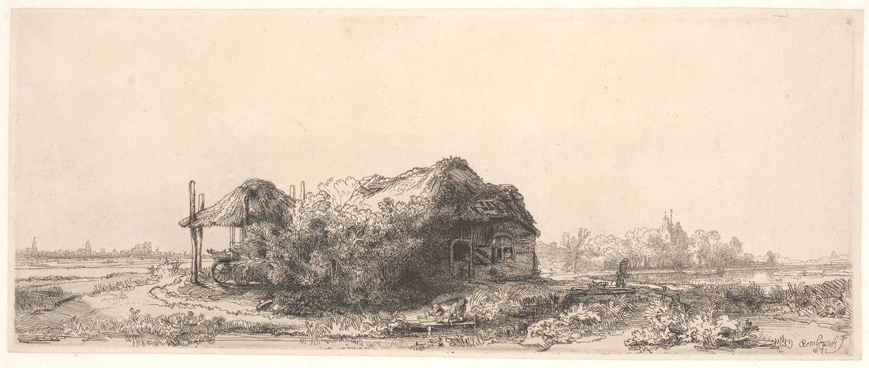 Landskap med en stuga och en höskulle: avlångt av Rembrandt van Rijn
