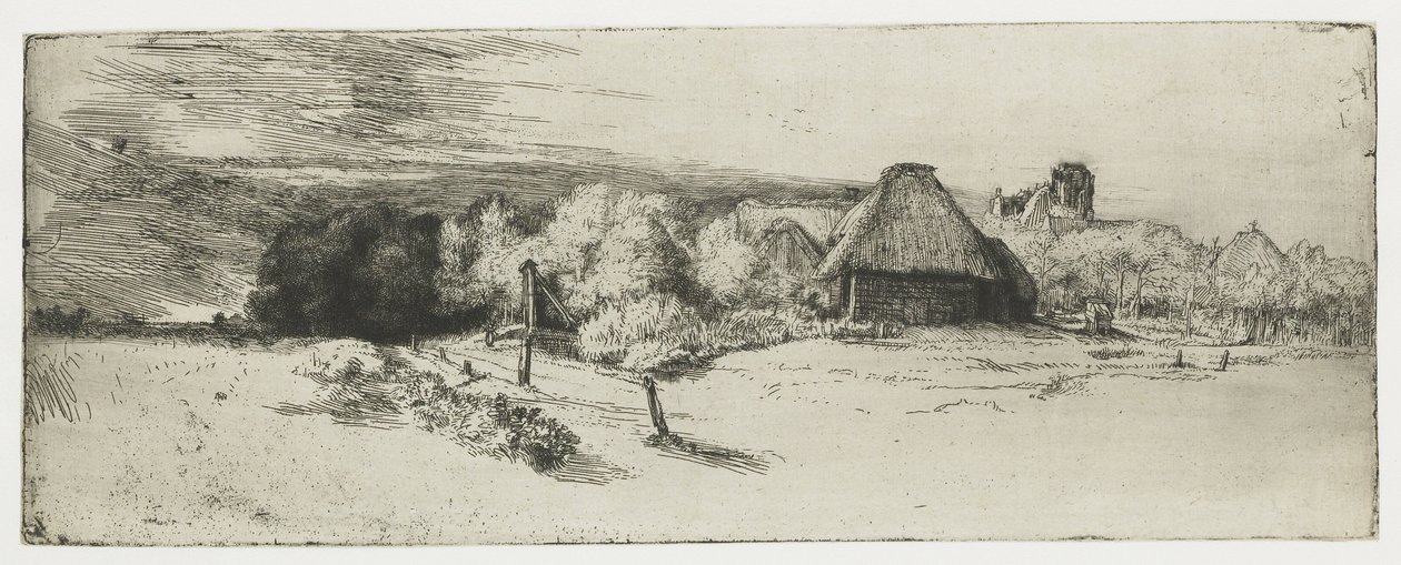 Landskap med en gårdsbyggnad och "huset med tornet" av Rembrandt van Rijn