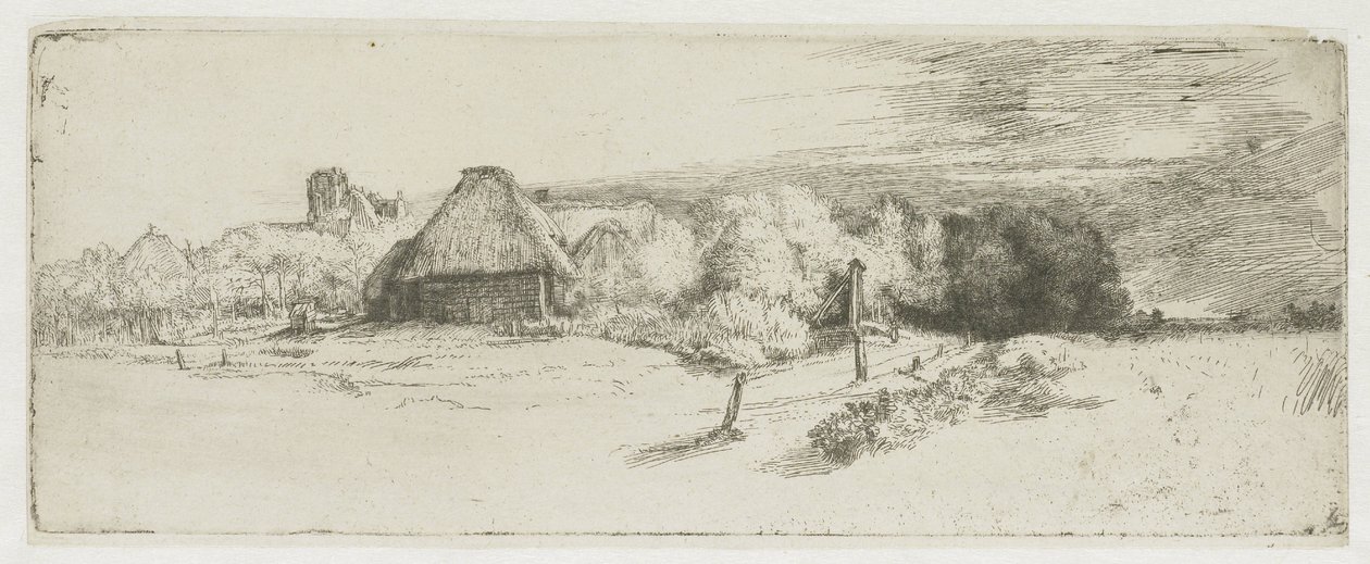 Landskap med en gårdsbyggnad och ”huset med tornet” av Rembrandt van Rijn