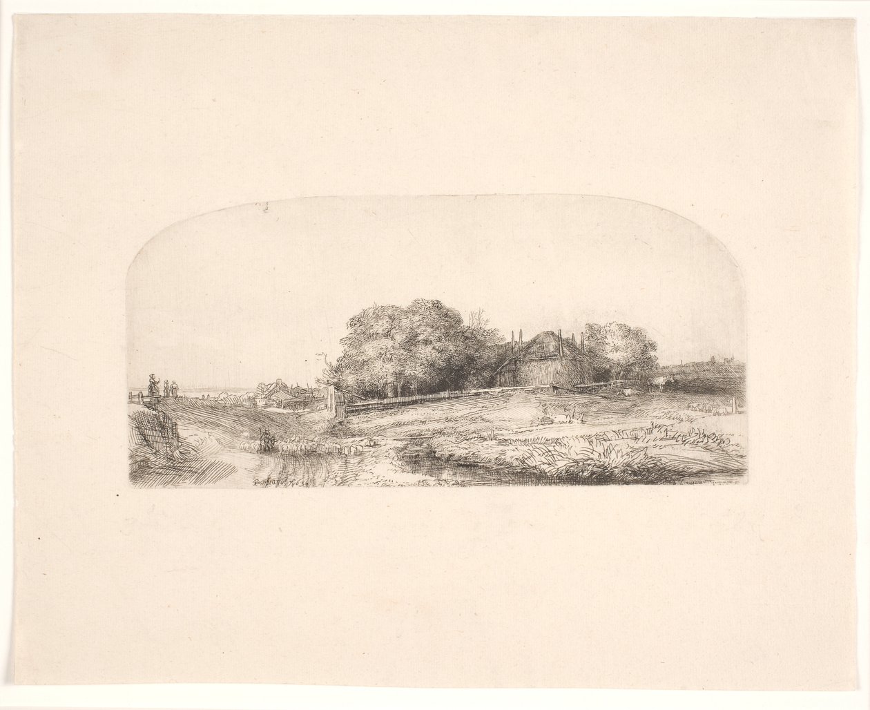 Landskap med en höskulle och en fårflock av Rembrandt van Rijn