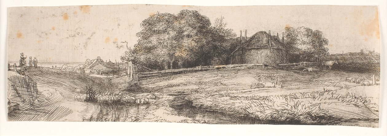 Landskap med en höskulle och en fårflock av Rembrandt van Rijn