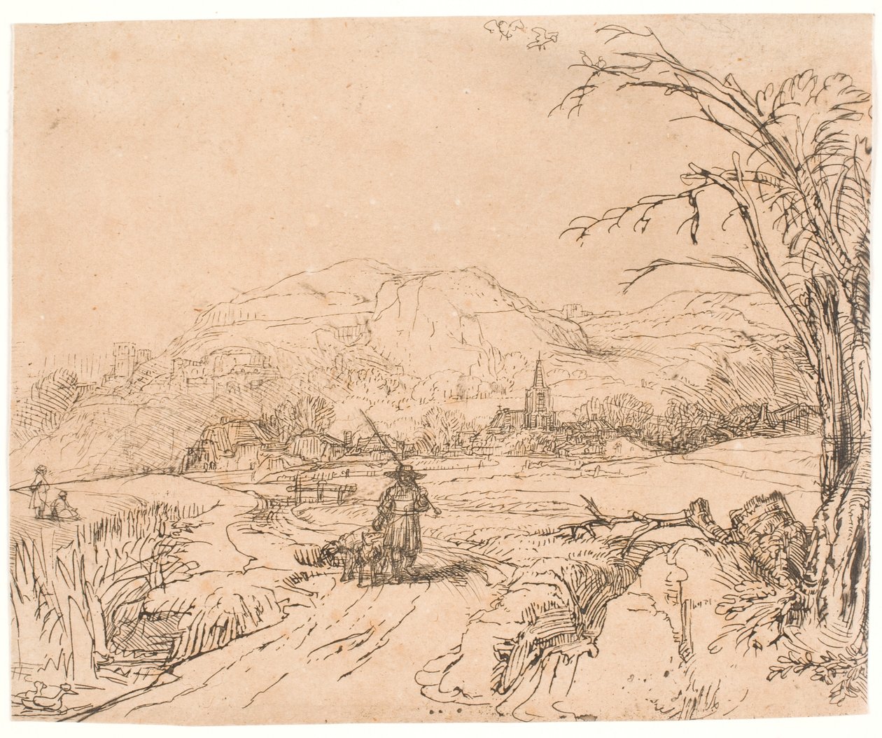 Landskap med en jägare och hundar av Rembrandt van Rijn