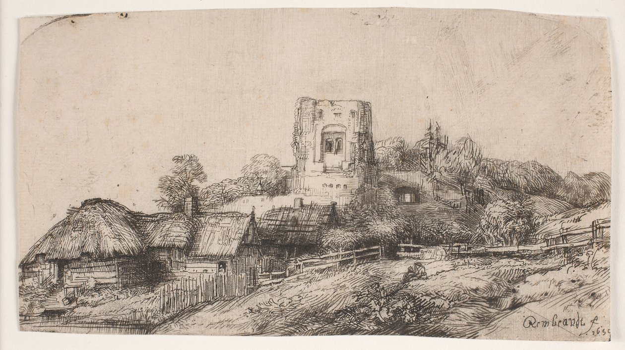 Landskap med ett fyrkantigt torn av Rembrandt van Rijn