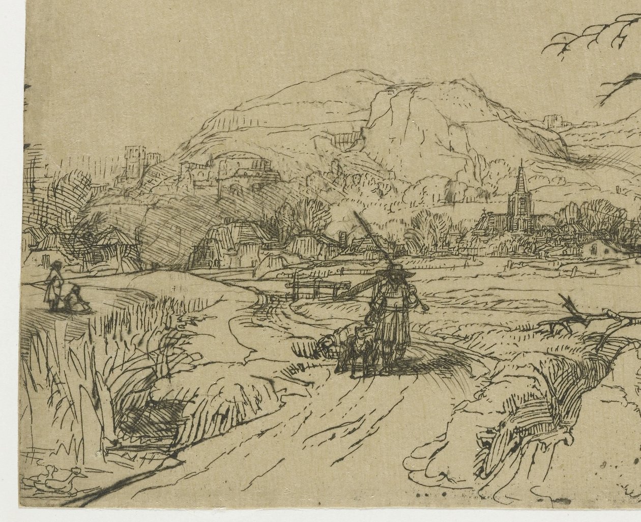 Landskap med en jägare och hundar av Rembrandt van Rijn