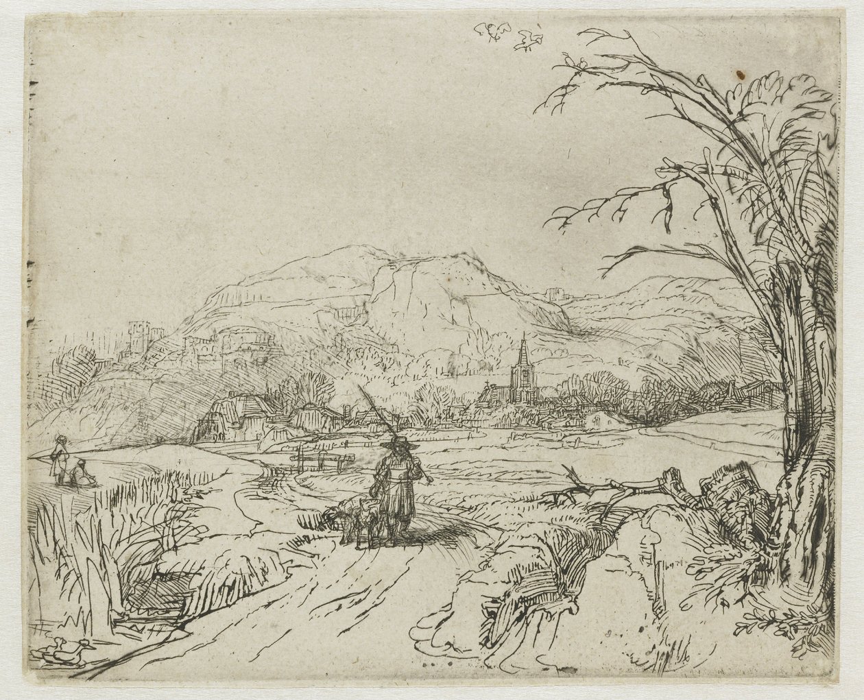 Landskap med en jägare och hundar av Rembrandt van Rijn