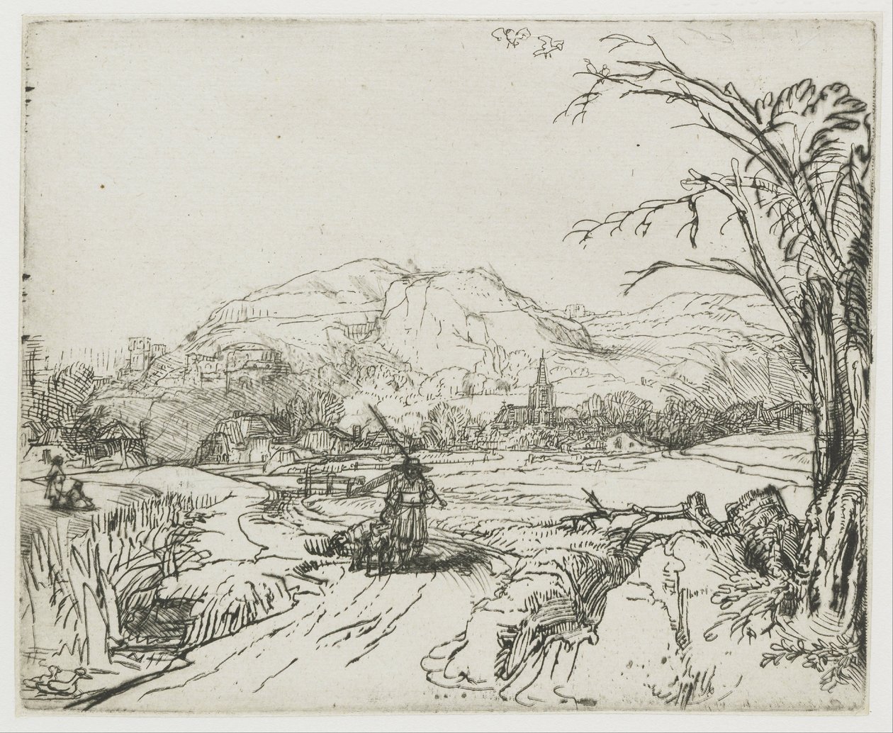 Landskap med en jägare och hundar av Rembrandt van Rijn