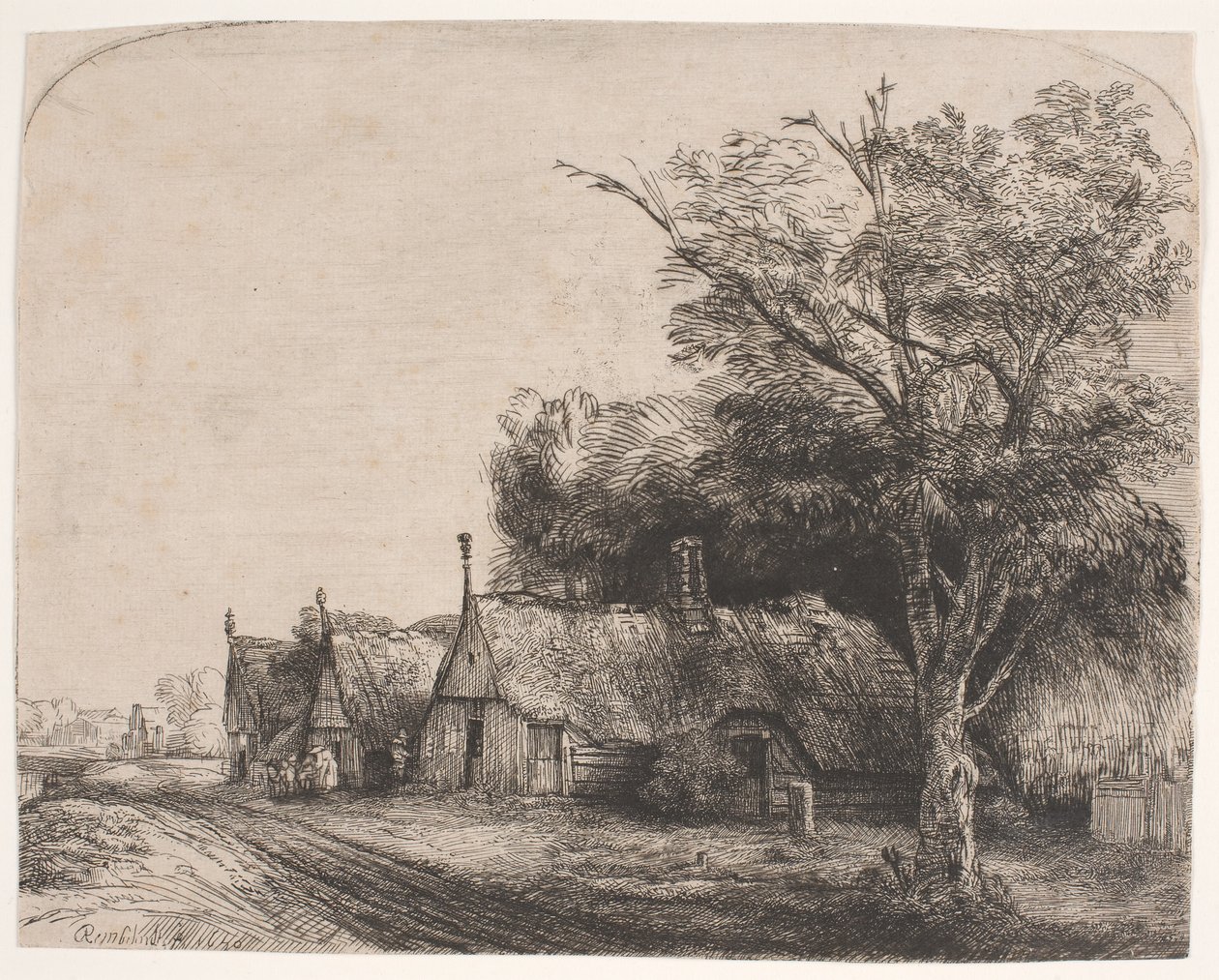 Landskap med tre gavelstugor intill en väg av Rembrandt van Rijn