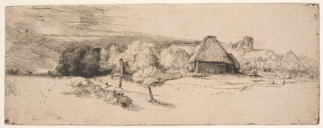 Landskap med träd, lantbruksbyggnader och ett torn av Rembrandt van Rijn