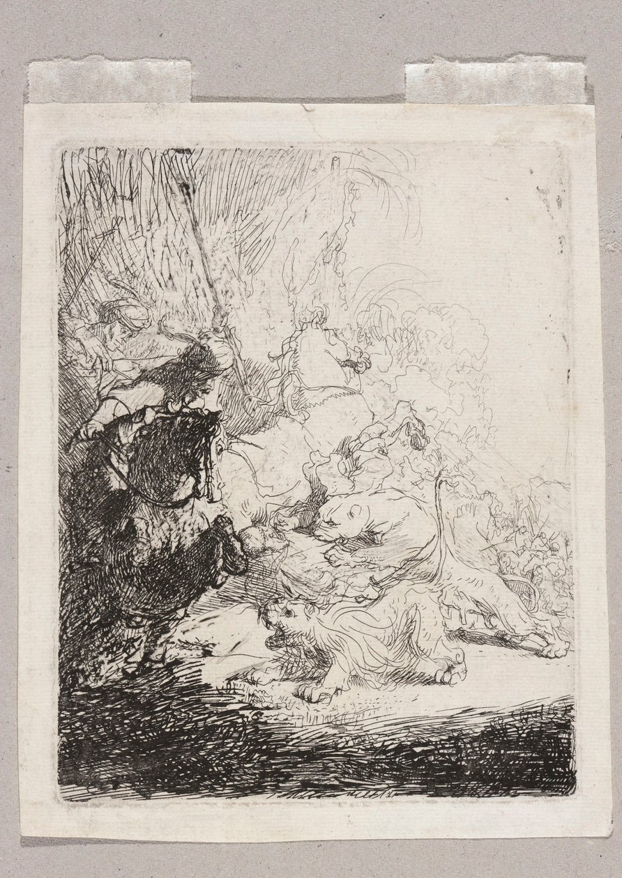 En liten lejonjakt (med två lejon) av Rembrandt van Rijn