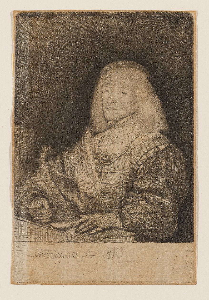 Man vid ett skrivbord, med ett kors och en kedja av Rembrandt van Rijn