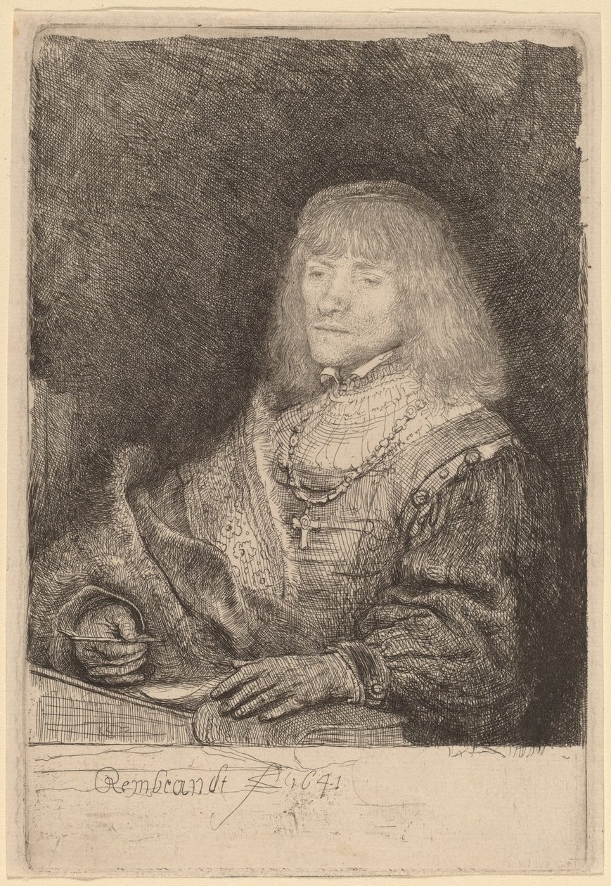 Man vid ett skrivbord som bär ett kors och en kedja av Rembrandt van Rijn