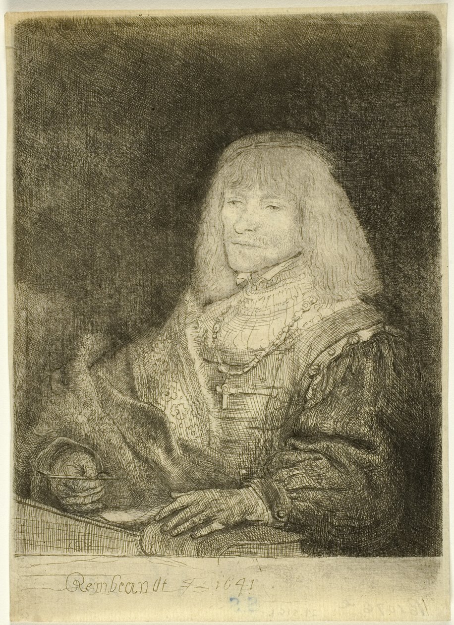 Man vid ett skrivbord som bär ett kors och en kedja av Rembrandt van Rijn