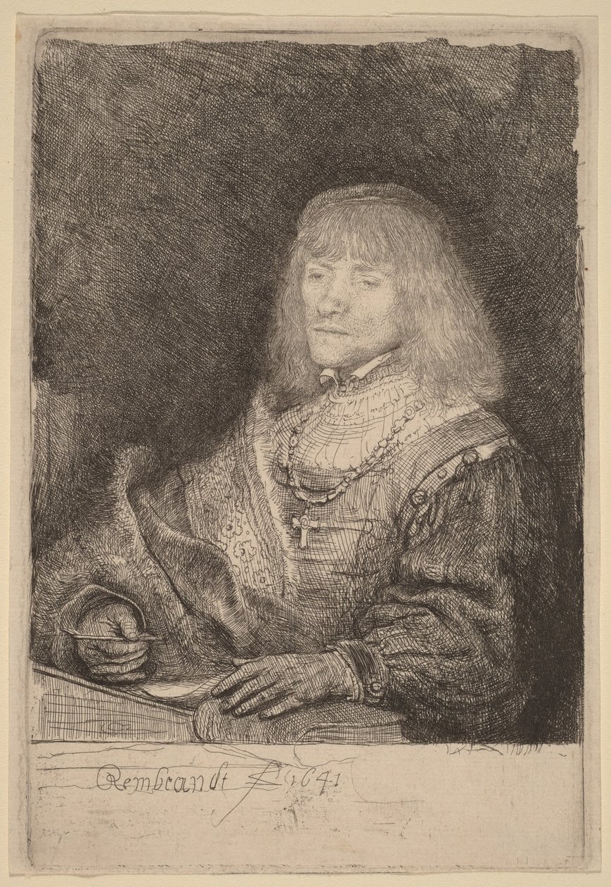 En man vid ett skrivbord som bär ett kors och en kedja av Rembrandt van Rijn