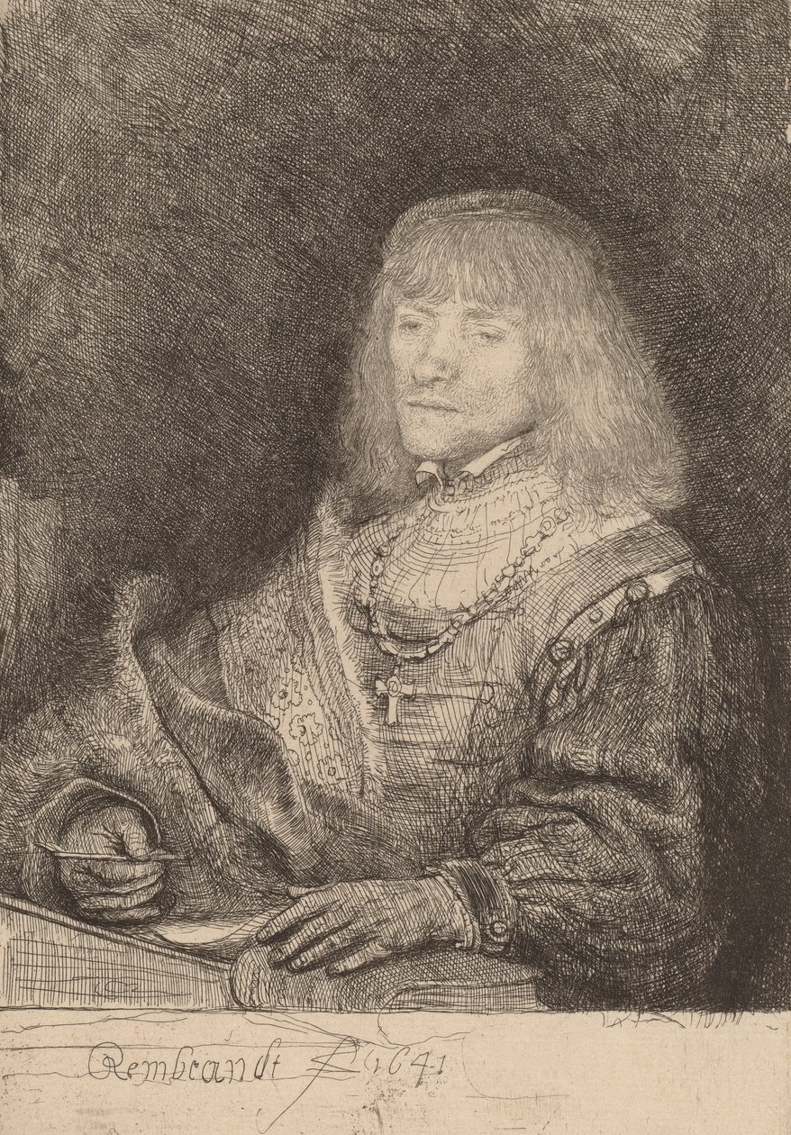 Man vid ett skrivbord med kors och kedja, 1641. av Rembrandt van Rijn