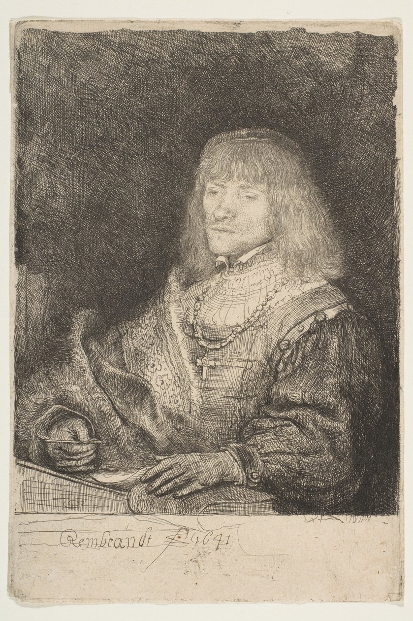 Man vid ett skrivbord med kors och kedja, 1641. av Rembrandt van Rijn