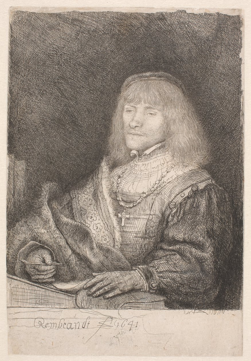 Man vid ett skrivbord, med ett kors och en kedja av Rembrandt van Rijn