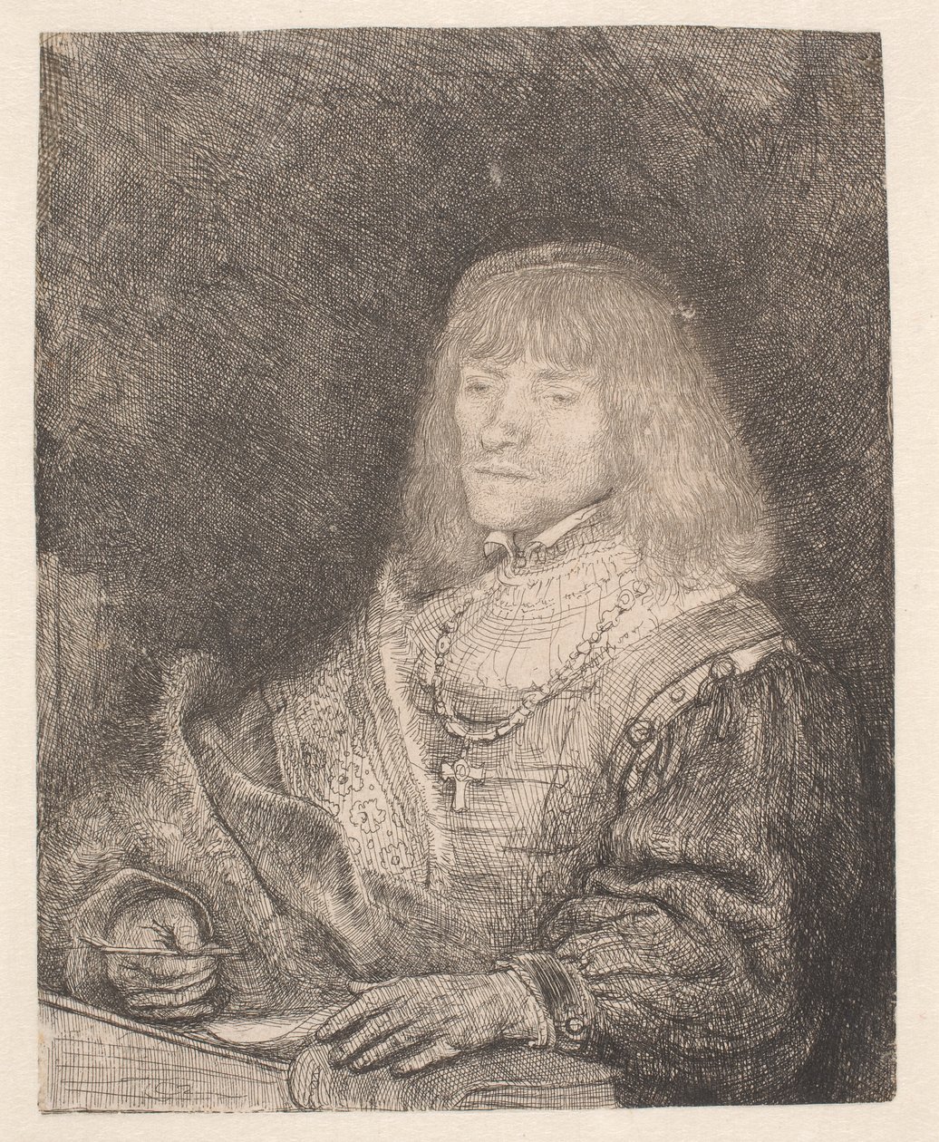 Man vid ett skrivbord, med ett kors och en kedja av Rembrandt van Rijn