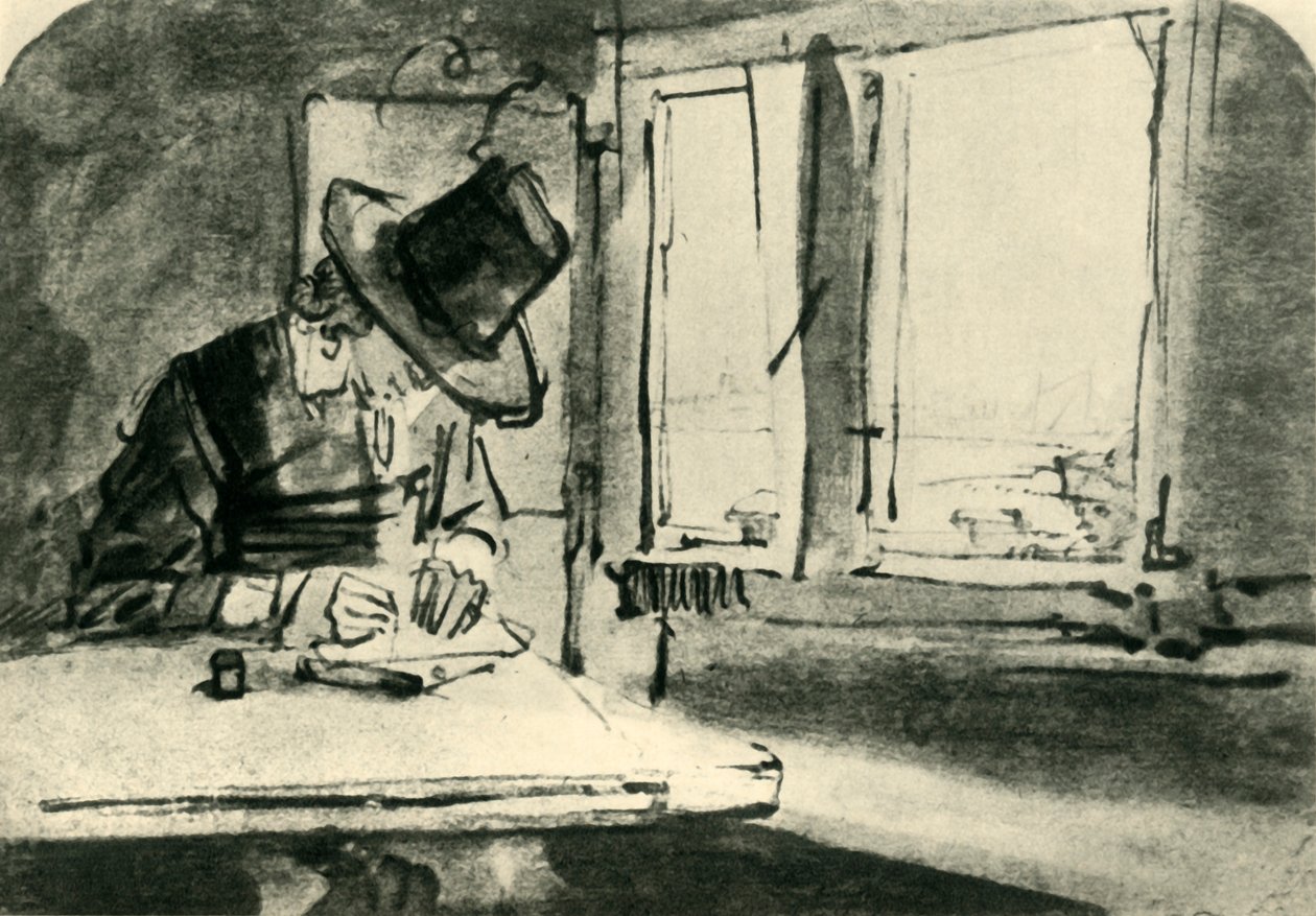 Man som ritar vid fönstret, mitten av 1600-talet, 1943. av Rembrandt van Rijn