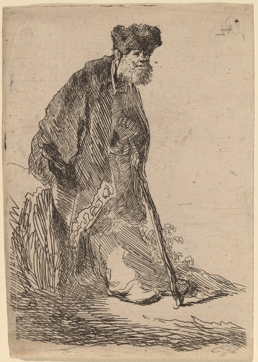 Man i kappa och pälsmössa lutad mot en bank av Rembrandt van Rijn