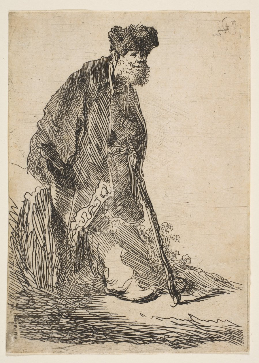 Man i kappa och pälsmössa lutad mot en bank, ca. 1630. av Rembrandt van Rijn